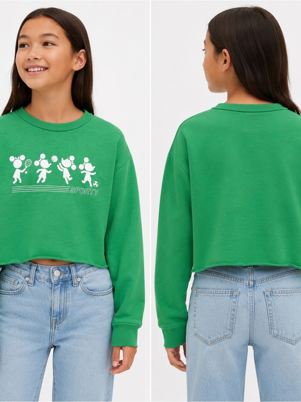 Gap Kids Disney Mickey Minnie Sporty Cropped Sweatshirt Green L 10-11